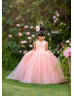 Peach Pink Lace Tulle V Back Flower Girl Dress With Beaded Sash Peach Pink Lace Tulle V Back Flower Girl Dress With Beaded Sash